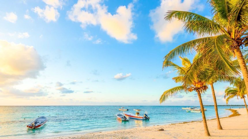 Plage de sable blanc bordée de cocotiers au Mexique, avec des barques de pêche sur une mer turquoise